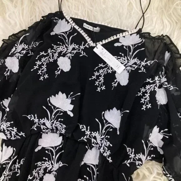 Alice + Olivia Holden Embroidered Cold-shoulder Dress In Black/ Off White - Picture 3 of 8